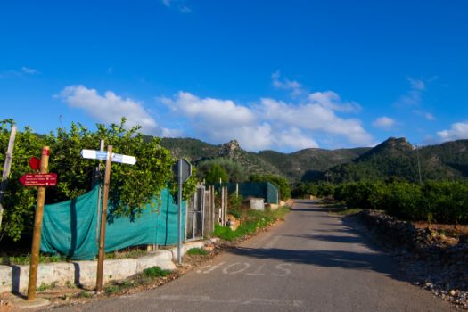 El Camino gira a la izquierda pero al fondo, sobre la montaña, se pueden ver las ruinas del castillo de Marinyén 