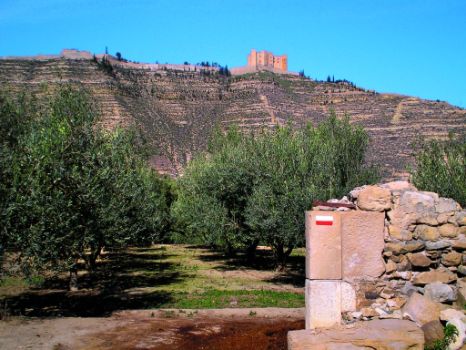 GR 99 marker and view of Mequinenza Castle