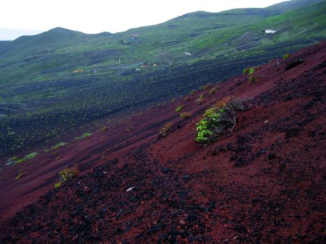 Sendero por ladera de picón (tierra de origen volcánico) de tonalidades rojizas