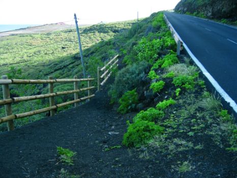 Sendero en cruce a nivel con carretera. Al fondo, el aeropuerto de Los Cangrejos
