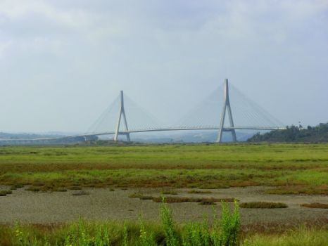 Vistas desde la vía de zona de marismas y Puente internacional del Guadiana al fondo