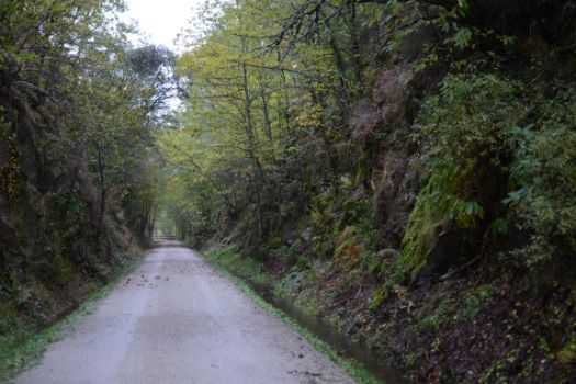El camino encajado en las trincheras construidas para el paso del ferrocarril