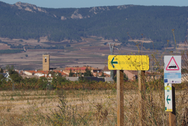 The route parts ways from the old railway line. The village of Casalarreina in the background 