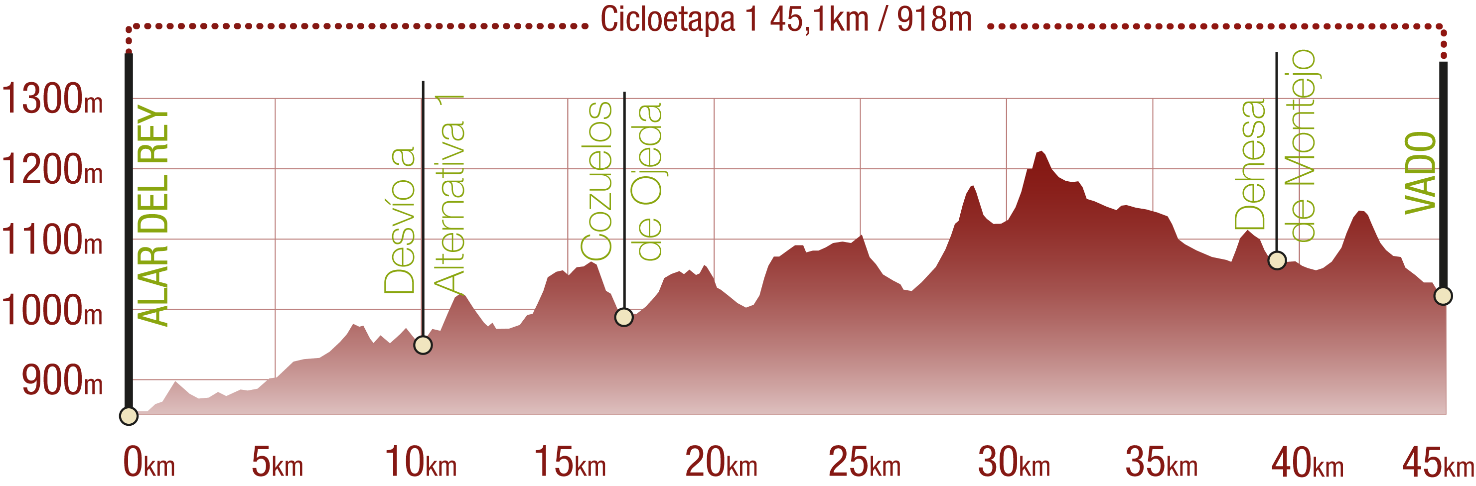 Perfil <br/>Perfil de la Cicloetapa 1 del CN del Románico Palentino: 45,1 km / Desnivel de subida 918 m<br/><br/>