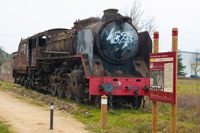 Mikado locomotive and information board in old Horna - Villarcayo former station