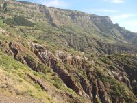 Cárcavas en el Lomo del Balo, bajo el farrallón de basalto del Lomo del Carretón