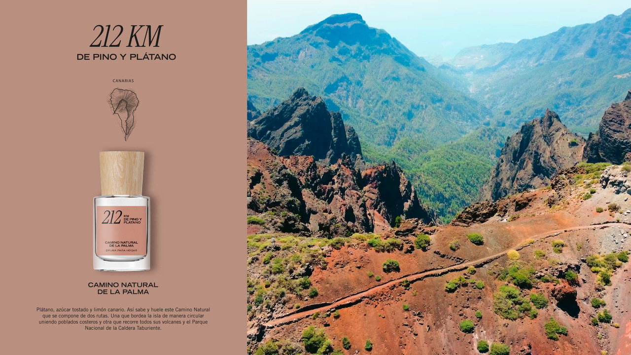 Imagen del Camino Natural de La Palma con el texto: "La segunda, sobre el Camino Natural de la Palma: inspirada en la riqueza botánica de las Islas Canarias, con notas frutales y cítricas como el plátano, el limón canario y el azúcar. " Imagen del Camino Natural de La Palma